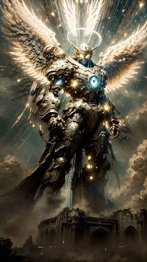 (masterpiece, best quality:1.3),extremely high detailed, intricate, 8k, HDR, wallpaper, cinematic lighting ,(universe), glowing, armor, glowing eyes, mecha, large wings, <lora:AngelicMecha:1>, ((ruins))