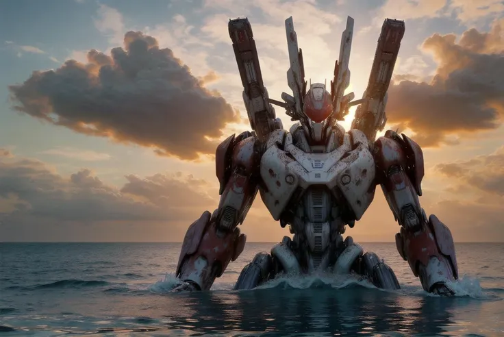 elegant, sad, no_humans, a gigantic mecha, old mecha, rusty, abandoned, disabled, arms dangling, waist deep in water, distant, water, blue sky, ocean, sunset, calm sea, science_fiction, realistic,mecha, cowboy shot, <lora:Mecha origin:1>