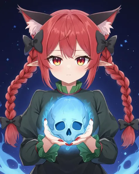 a girl with red hair holding a blue skull in her hands