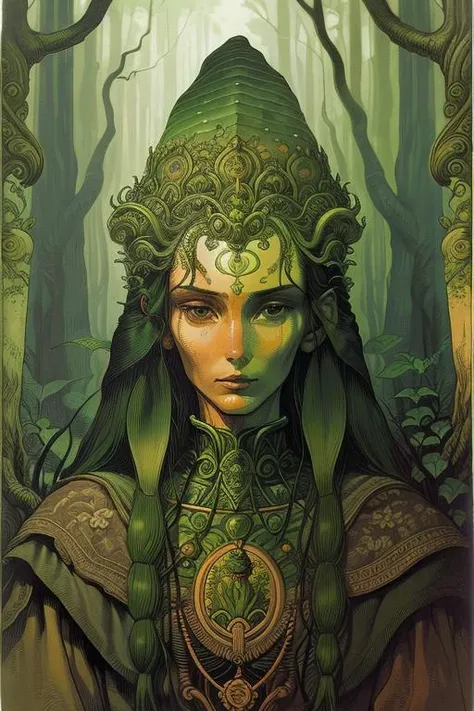 woman in a mythical forest, masterpiece, perfect face, intricate details, horror theme <lora:moebiuscolor:1> moebiuscolors