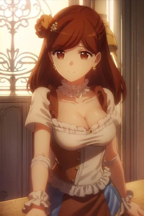 maryhunt, <lora:mary hunt s2-lora-nochekaiser:1>,
mary hunt, long hair, brown hair, hair ornament, (brown eyes:1.5), flower, hair flower, smile,
BREAK dress, cleavage, jewelry, earrings, choker, frills,
BREAK indoors,
BREAK looking at viewer, (cowboy shot:...