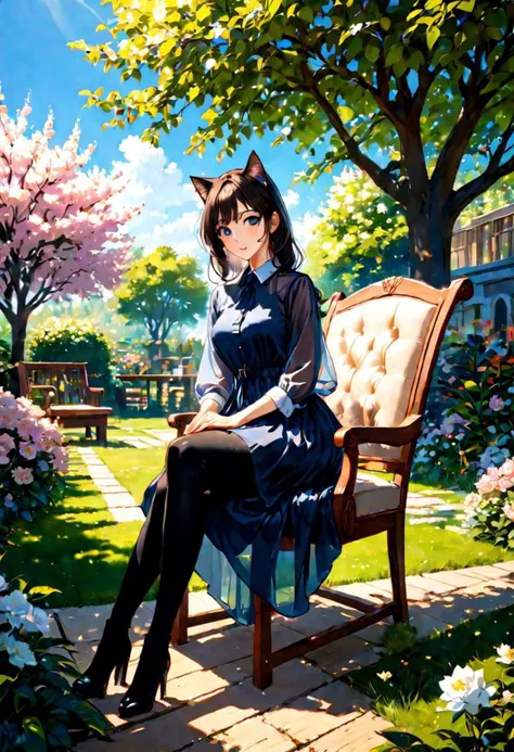 anime girl sitting on a bench in a garden with flowers