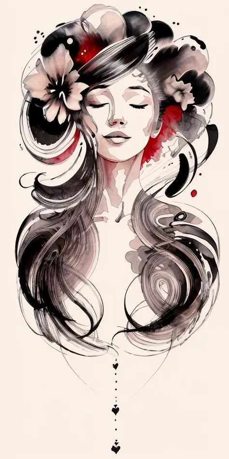 (ink art, ink illustration, ink, rough:1.4), (flowing lines), dreaming, dreams, sleeping, eyes closed, floating, peaceful, colourful hair, flowing hair, hair flowing into ink, swirling ink, highly detailed background, flowers, clouds, multicoloured, obscur...