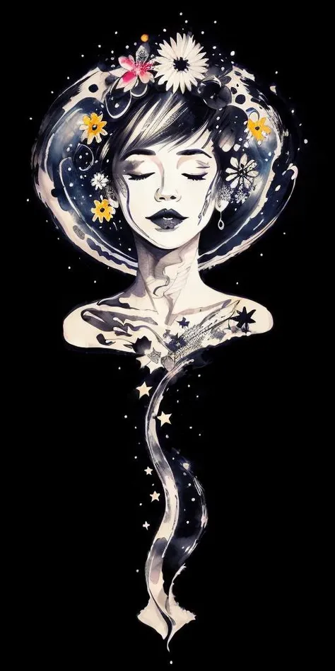 (black background with stars), textured, (ink art, ink illustration, ink, rough:1.4), 1girl, (flowing lines), face in centre, dreaming, dreams, sleeping, eyes closed, floating, peaceful, colourful, hair flowing into ink, swirling ink, highly detailed backg...