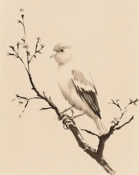 <lora:zyd232_InkStyle_v1_0:1.0> zydink, monochrome, ink sketch, bird, tree, flower, simple background,