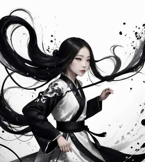 <lora:zyd232_InkStyle_v1_0:1.2> zydink, monochrome, ink sketch, 1girl, asian (young woman), (extremely long messy hair), fighting stance, looking at viewer, floating hair, hanfu, chinese clothes, long sleeves, (abstract ink splash:1.2), white background