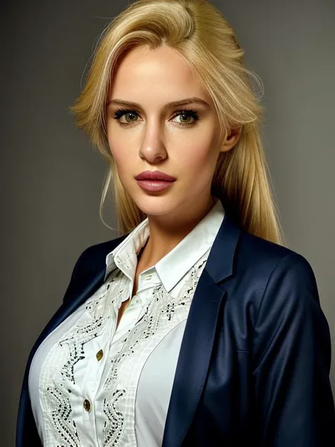 a close up of a woman in a white shirt and blue jacket