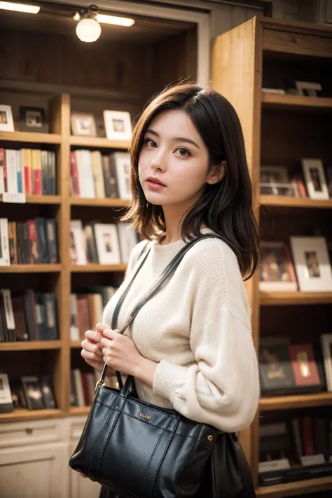 a woman standing in front of a book shelf holding a black purse