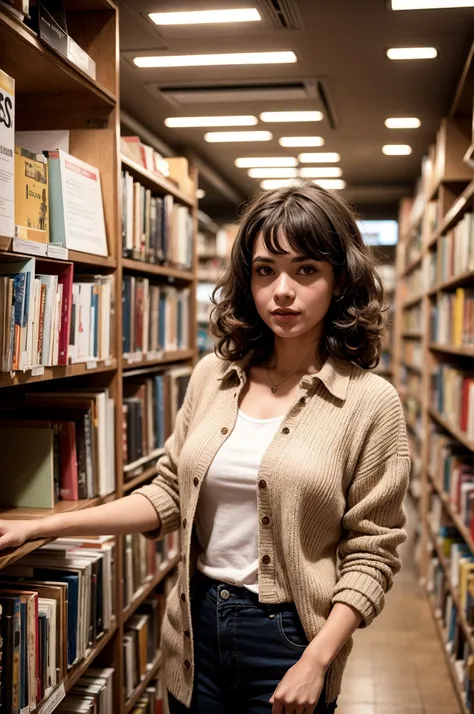 A young woman wearing vintage clothes in the year 1980 in a lib_bg.
(young sexy woman)
 <lora:Library bookshelf:0.6>