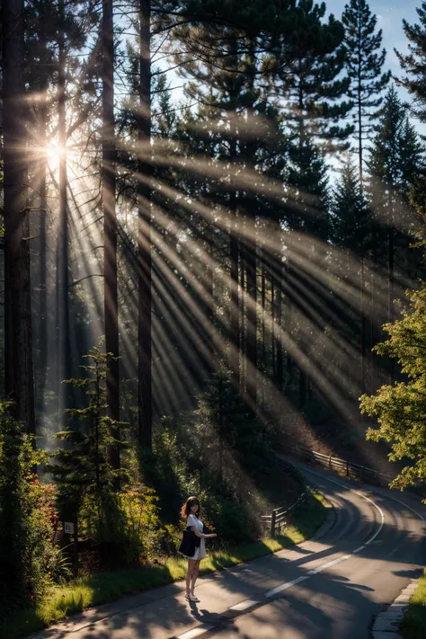 a woman riding a skateboard down a road in the woods