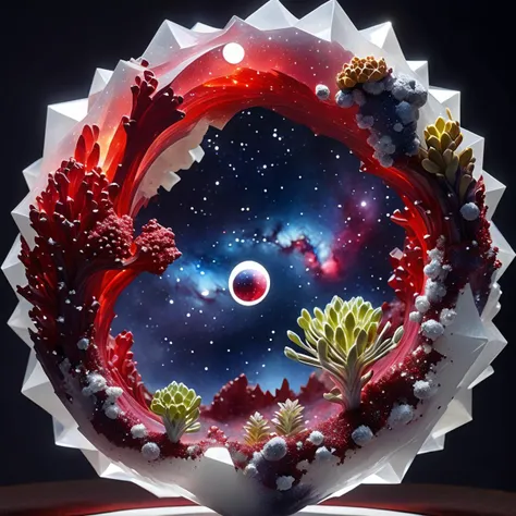 there is a very colorful sculpture of a flower with a red center