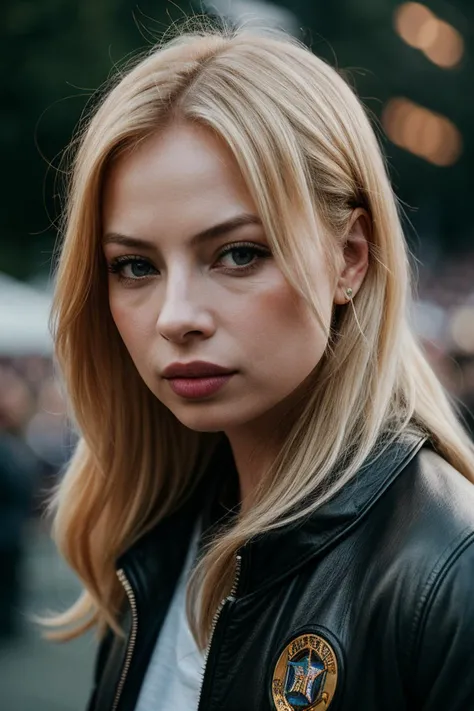 photo of beautiful (tl0rds-130:0.99), a woman with perfect blonde hair, wearing Dark Chocolate Brown (pilot suit:1.1),  (stadium rock concert surrounded by people and people:1.1), closeup, modelshoot style, (extremely detailed CG unity 8k wallpaper), profe...