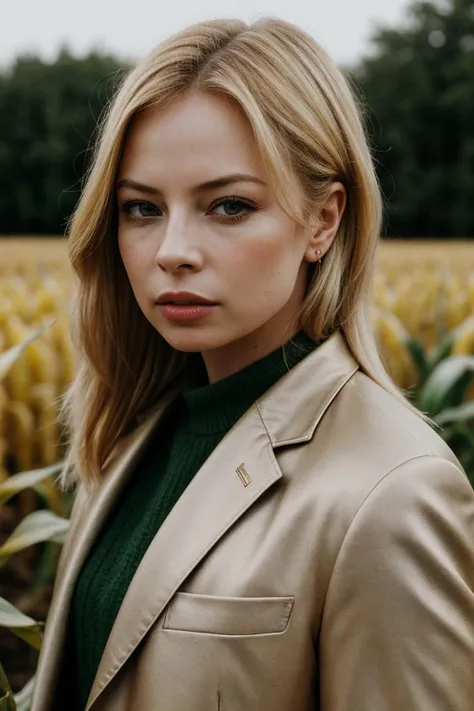 photo of beautiful (tl0rds-130:0.99), a woman with perfect blonde hair, wearing Brass (suit jacket:1.1),  (corn maze:1.1), closeup portrait, modelshoot style, (extremely detailed CG unity 8k wallpaper), professional majestic photography, (Leica M6 Camera),...