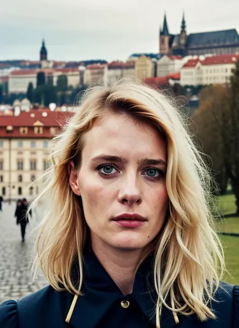 portrait of sks woman in Prague, at the Prague Castle, by Flora Borsi, style by Flora Borsi, bold, bright colours, ((Flora Borsi)), by Tim Walker, <lora:locon_mackenziedavis_v1_from_v1_64_32:1>