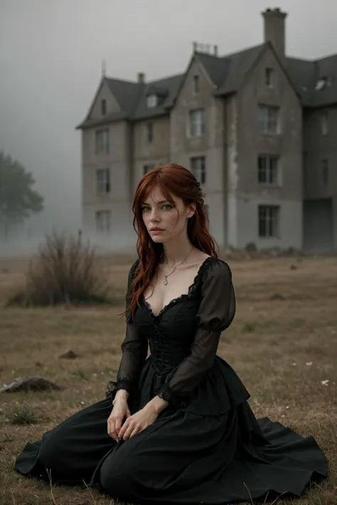 a woman in a black dress sitting on the ground in front of a large house