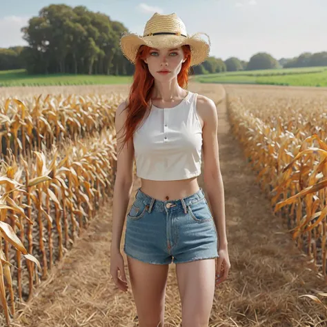 1girl, <lora:SAIOC_sd15_1:0.8> s41oc, wearing a crop top shirt and denim shorts standing in corn field on a farm, cowboy hat, red hair