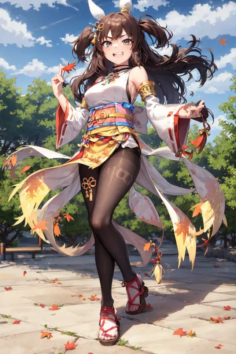 masterpiece, best quality,  
inari one (umamusume), 
autumn leaves, leaf, autumn, open mouth, grin,
full body, standing, outdoors, torii,
official alternate costume, two side up, ear covers, hair ornament, choker, japanese clothes, bare shoulders, detached...