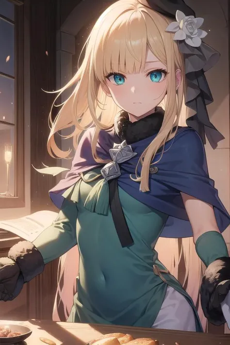 fgoreines, <lora:reines-lora-nochekaiser:1>,
reines, blonde hair, (green eyes:1.5), long hair, bangs, blunt bangs, (small breast:1.2),
BREAK beret, black headwear, black ribbon, blue dress, brown gloves, dress, flower, fur collar, fur trim, fur-trimmed sle...