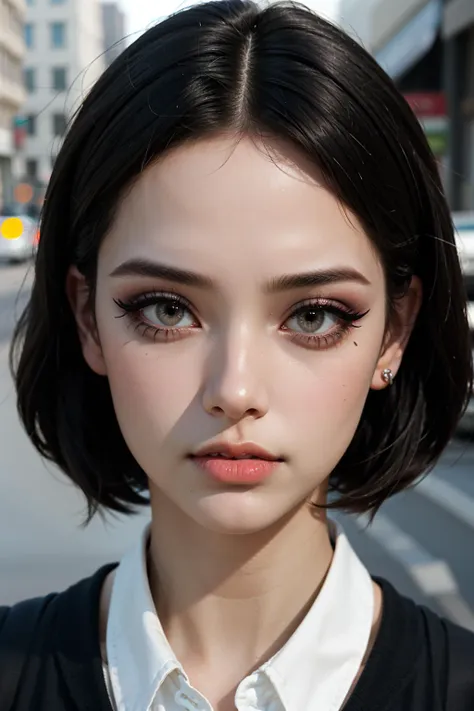 a woman with a black hair and a white shirt is standing on a street