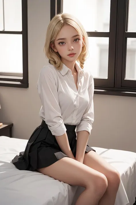 a woman sitting on a bed in a white shirt and black skirt