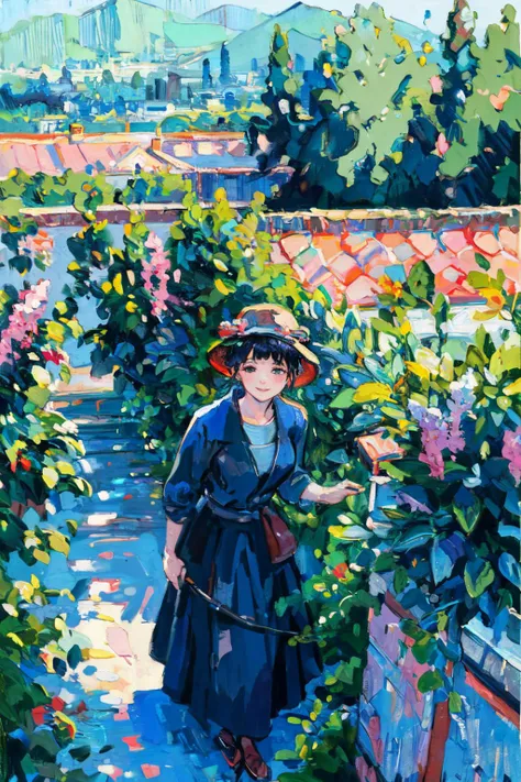 <lyco:impress:0.9>impressionist, garden, shinjuku,   rooftop, from above,impressionist art style,
(best quality, masterpiece, RAW photo,ultra-detailed:1.2), <lyco:GoodHands-beta2:1.0>,1girl,solo,looking at viewer,smile