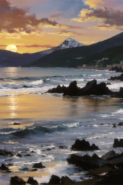 beach, cloud, cloudy_sky, evening, horizon, mountain, no_humans, ocean, orange_sky, outdoors, scenery, shore, sky, star_(sky), sunset, water, waves, tree, sun, impressionist