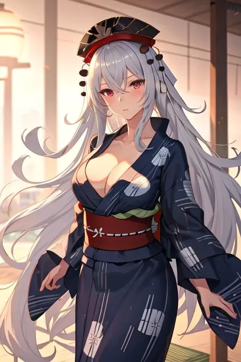 best quality, masterpiece, highres, solo, {yukata:1.40}, {kimono:1.20}, {graf_zeppelin_azurlane:1.15}, long_hair, hair_between_eyes, breasts, bangs, red_eyes, large_breasts, white_hair, cleavage, blush, hat, grey_hair, very_long_hair