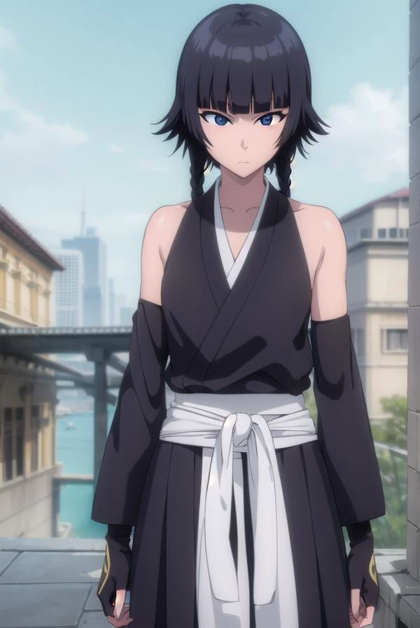 soifon, <lyco:soifon-lyco-nochekaiser:1>,
soifon, short hair, bangs, black hair, short hair with long locks, (black eyes:1.5),
BREAK gloves, bare shoulders, japanese clothes, elbow gloves, hakama, black hakama,
BREAK outdoors,
BREAK looking at viewer, (cow...