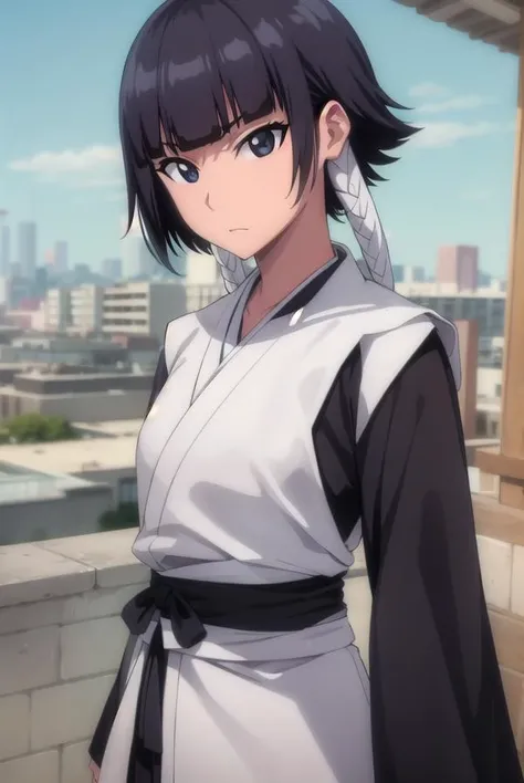 soifon, <lyco:soifon-lyco-nochekaiser:1>,
soifon, short hair, bangs, black hair, short hair with long locks, (black eyes:1.5),
BREAK gloves, japanese clothes, elbow gloves, hakama, black hakama, haori, (white haori:1.5), black kimono, long sleeves, wide sl...