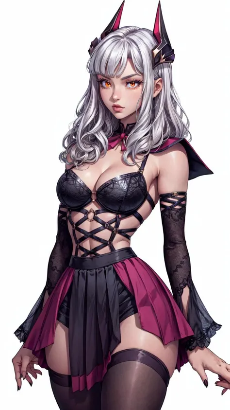 (1girl, solo, masterpiece, 4k,  best quality:1.2, (cowboy shot), best quality:1.2, NICE HANDS, COLORFUL, (perfect hands, perfect anatomy)),
defcarmilla, cleavage, revealing clothes, horns, detached sleeves, black thighhighs,
((medium breasts, medium  hips,...