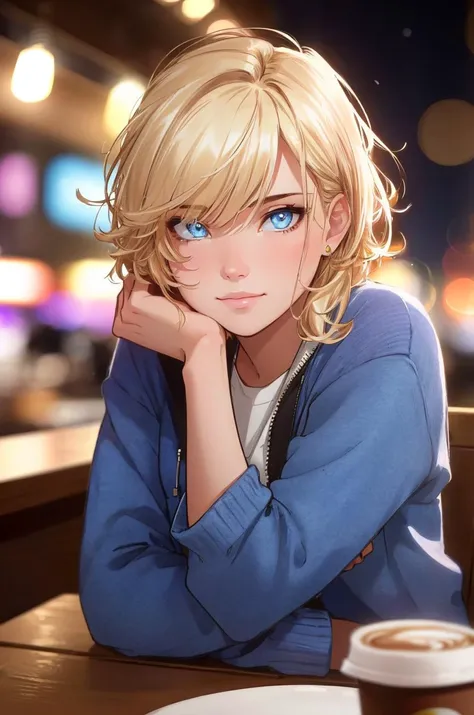 (masterpiece, best quality:1.2), highres, absurdres, high quality, (neon lights,bokeh, depth of field:1.2), beautiful face,
1girl, bangs, blonde hair, messy hair, blue eyes, sitting, coffee shop, close up, looking at viewer, jacket, sweater, short hair, sl...