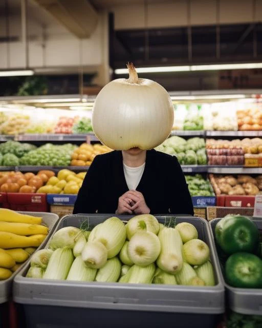 cinematic portrait of a woman sitting in a supermarket vegetable stand, big round white ((ballhood)) (onion) head <lora:ballhoodv2:1>