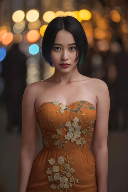 (masterpiece, realistic:1.4), (extremely intricate:1.2)>, portrait of (viorlora), (black short hair), looking at viewer, (1girl eyes looking at viewer:1.6), photorealistic, (bokeh), (striped thighhighs), balcony, night view, at night, japanese city tokyo, ...