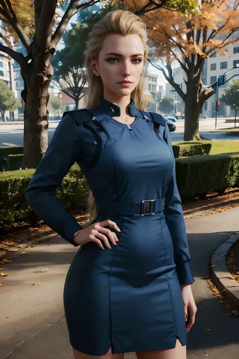 MeredithCyber, woman, long blonde hair, blue eyes, dress, standing, hands on hips, looking serious, happy, 
outside, park, trees, change season, summer to fall, extreme detail, hdr, realistic quality, <lora:MeredithCyber:.7>