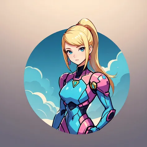 (masterpiece, best quality:1.1), (round logo:1.05), 1girl, solo, (samus aran:1.1), from metroid, fair skin, blonde ponytail, armored suit, blue eyes, serious, gradient background, simple background