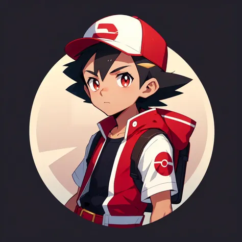 (masterpiece, best quality:1.1), (round logo:1.05), 1boy, male focus, (ash ketchum:1.05), from pokemon, black and yellow hat, black hair, red and white jacket, brown eyes, pokeball belt, gradient background, simple background