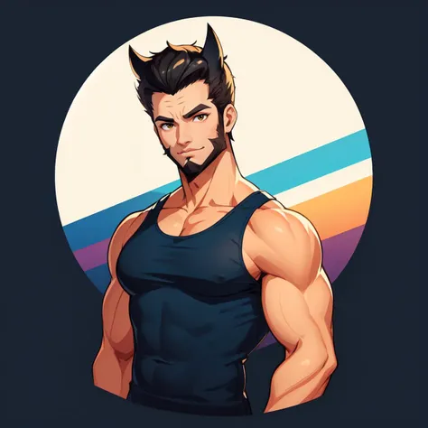 (masterpiece, best quality:1.1), (round logo:1.05), 1boy, male focus, (wolverine:1.05), blue black and yellow, black hair, sideburns, white tank top, muscular build, bushy eyebrows, stubble, gradient background, simple background