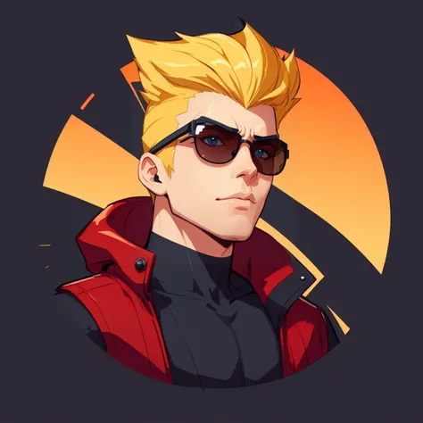 (masterpiece, best quality:1.1), (round logo:1.05), 1boy, male focus, (duke nukem:1.05), from duke nukem, red and yellow, flat top hairstyle, blonde hair, sunglasses, muscular, serious face, gradient background, simple background