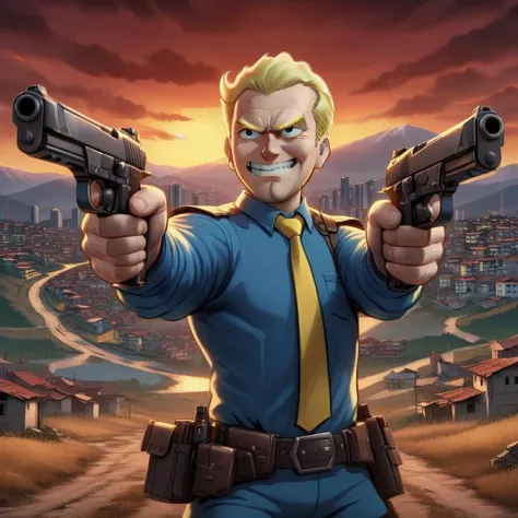 a cartoon image of a man holding two guns in his hands