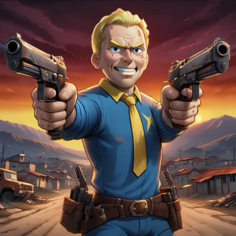 a cartoon image of a man holding two guns in his hand