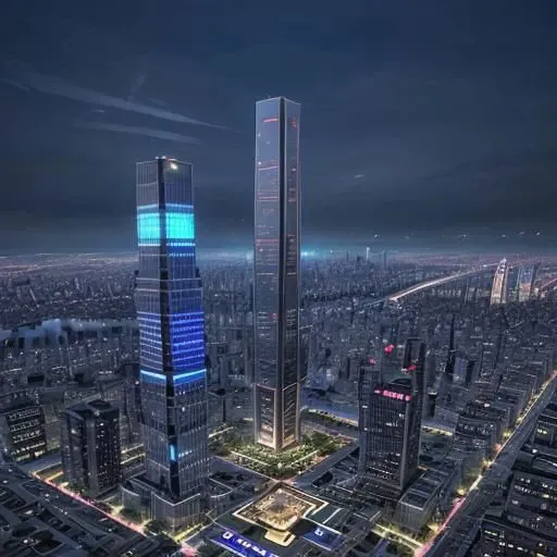 Hyper futuristic city in asia in the night with lots of tall building and light with flying cars