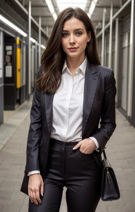 a woman in a black suit and white shirt standing in a hallway