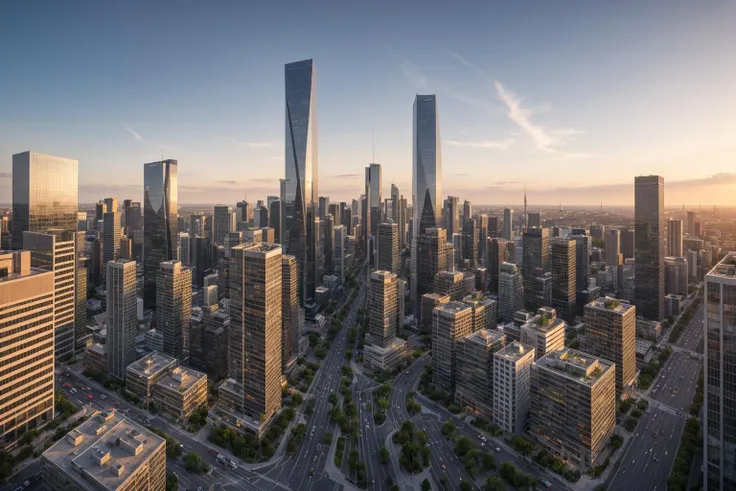 a view of a city skyline with tall buildings and a few trees