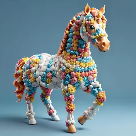 a close up of a horse made of colorful plastic beads