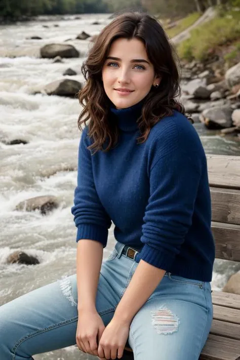 ((Full Body View)),  CobieS, ((wearing a turtleneck and distressed jeans)), ((sitting on a bench next to a river)), 8k raw, high res, ultrarealistic, hyperrealistic, soft lighting, good lighting, textured skin, photorealism, high details, DSLR photo, detai...