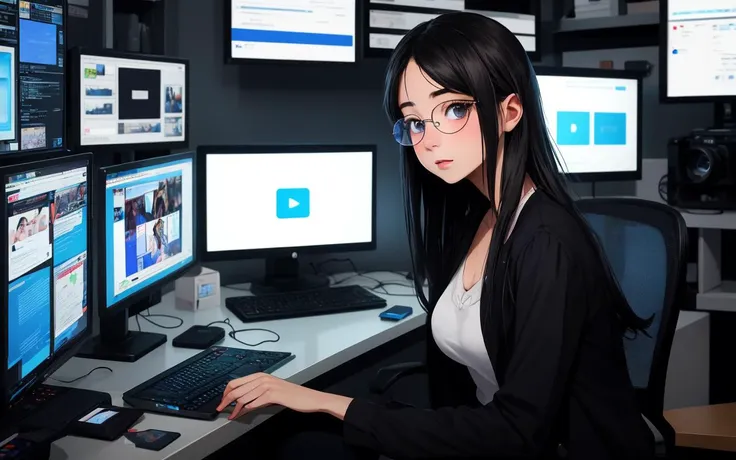 there is a woman sitting at a desk with a computer and a keyboard