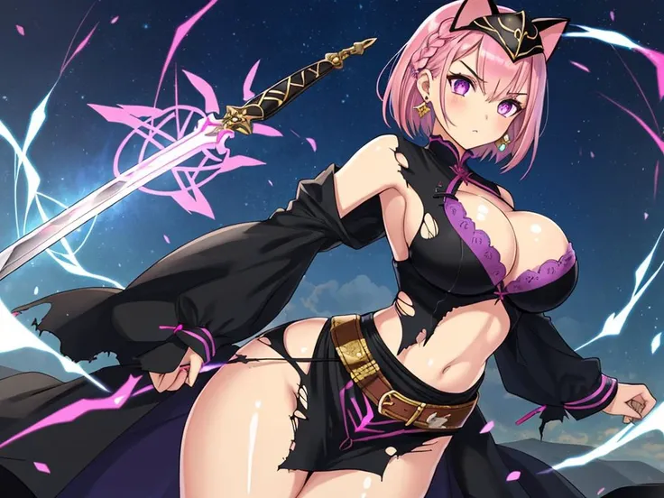 1girl, pink hair, short hair, braided, knight helmet, big earrings, v shaped eyebrows, purple eyes, cat pupils, eyelashes, large breast, cleavages, unaligned breast, knight costume, long black armour dress, sleeveless, belly, curvy hips, torn clothes, long...