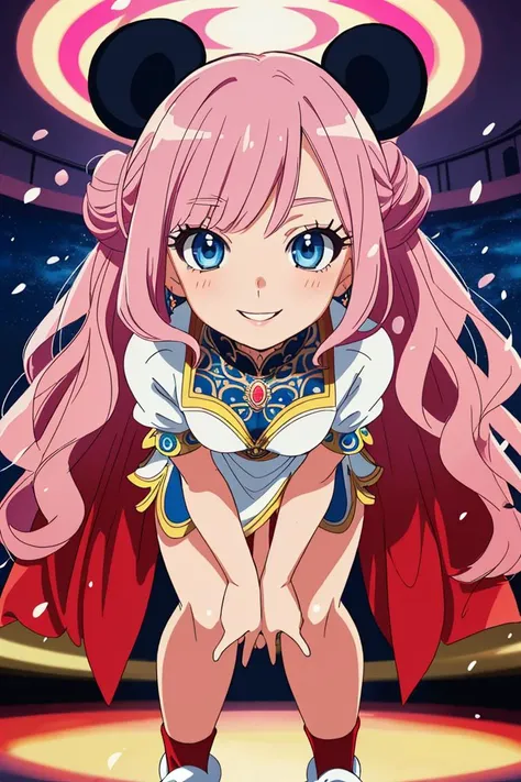 a girl with long pink hair and a red cape is standing in front of a stage