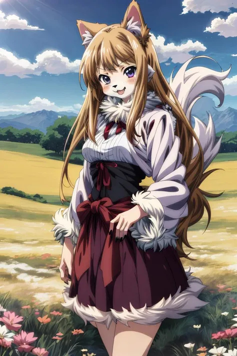 ((Anime:1.4)), ((furry)), a girl standing arm crossed, ((White fur, Body fur, Fluffy Fur:1.4)), ultra detailed fur, Purple eyes, Fluffy Tail, Skimpy blouse, skirt, ((Cheeks fur, Cheeks Fluff)), Fangs, white tail, Detailed background of a meadow, black nail...