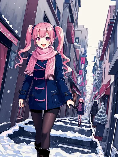 1girl, smiling face, open mouth, kawaii, pink hair, twintails, (Fashionable winter clothing:1.2), scarves, cyberpunk city, (dramatic angle, walking:1.3), dutch angle